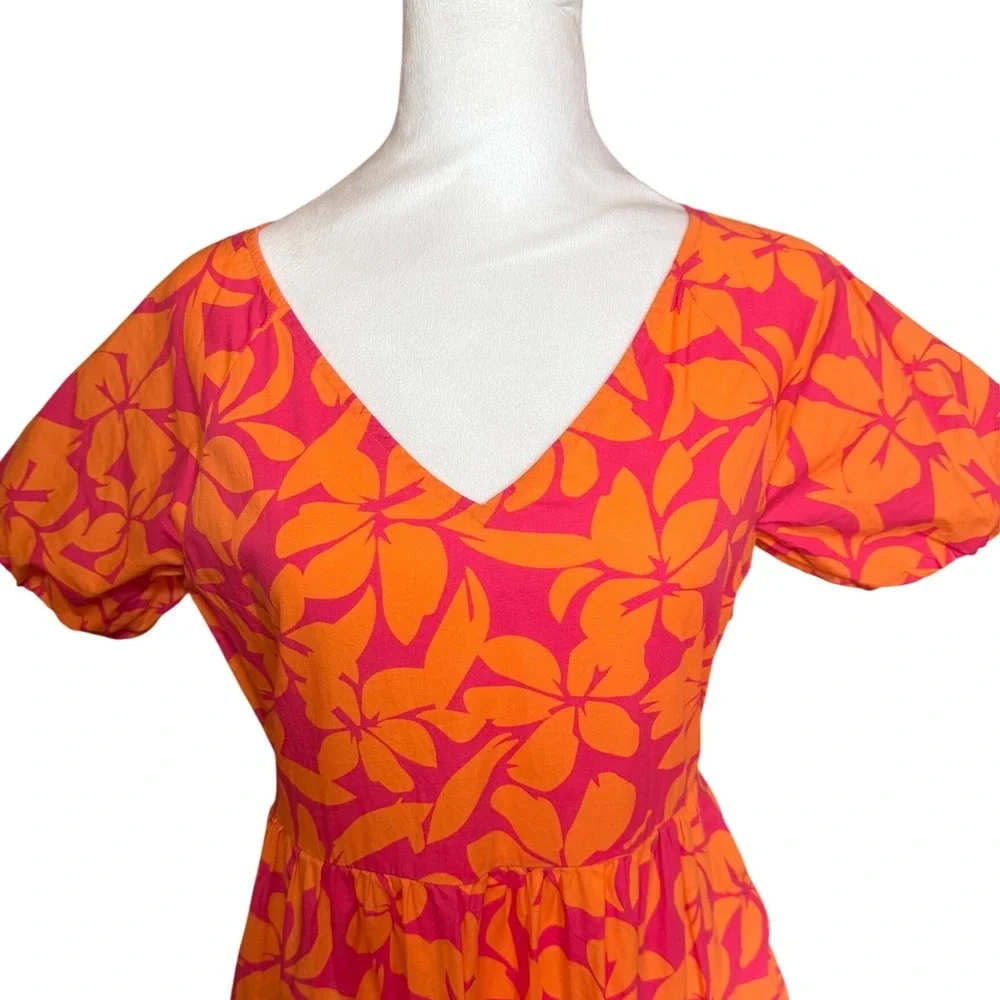 J.Crew Re-Imagined Orange Pink Floral Tiered Midi Dress V-Neck‎ Puff Sleeve